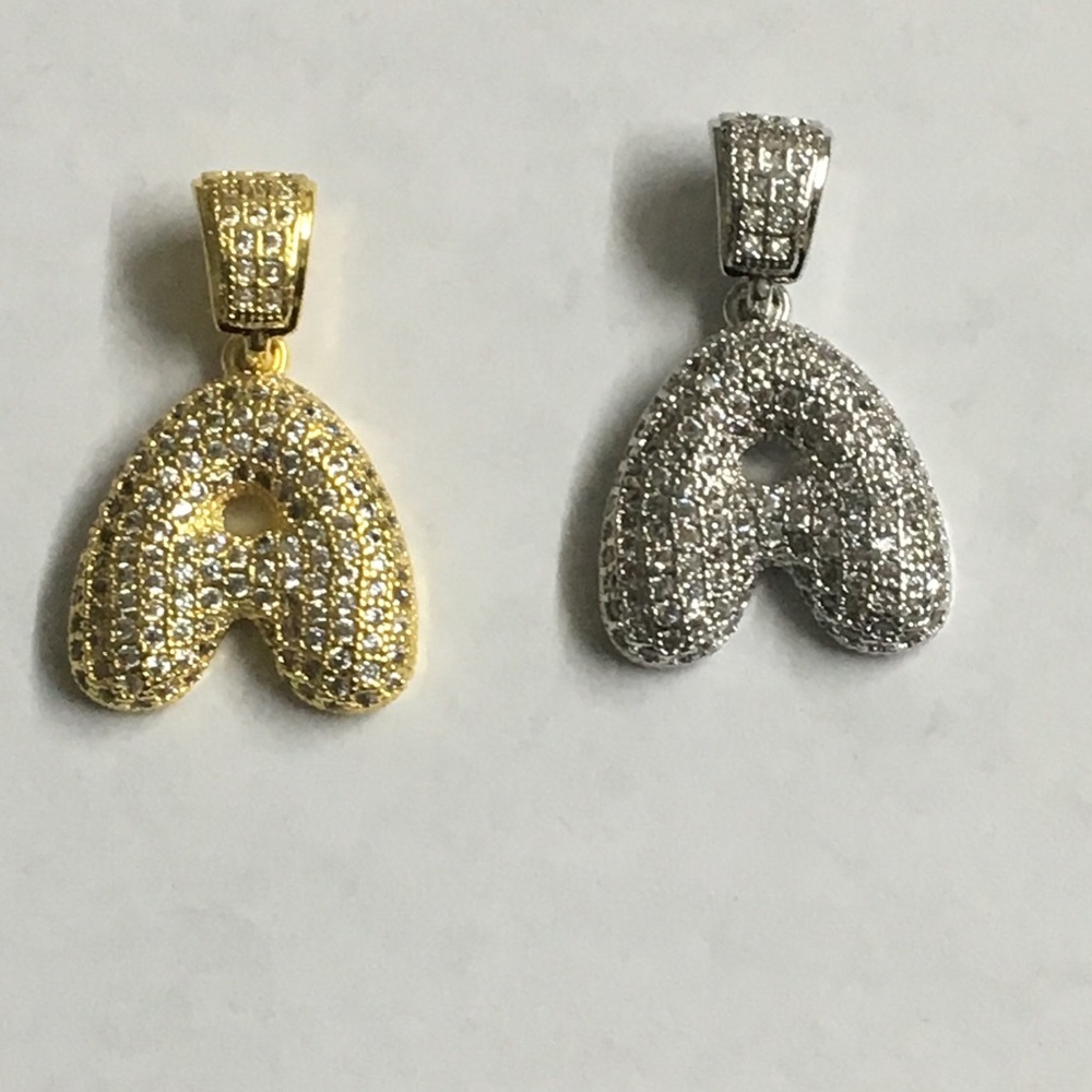 Gold plated brass bubble Letter A CZ Charm w/Chain